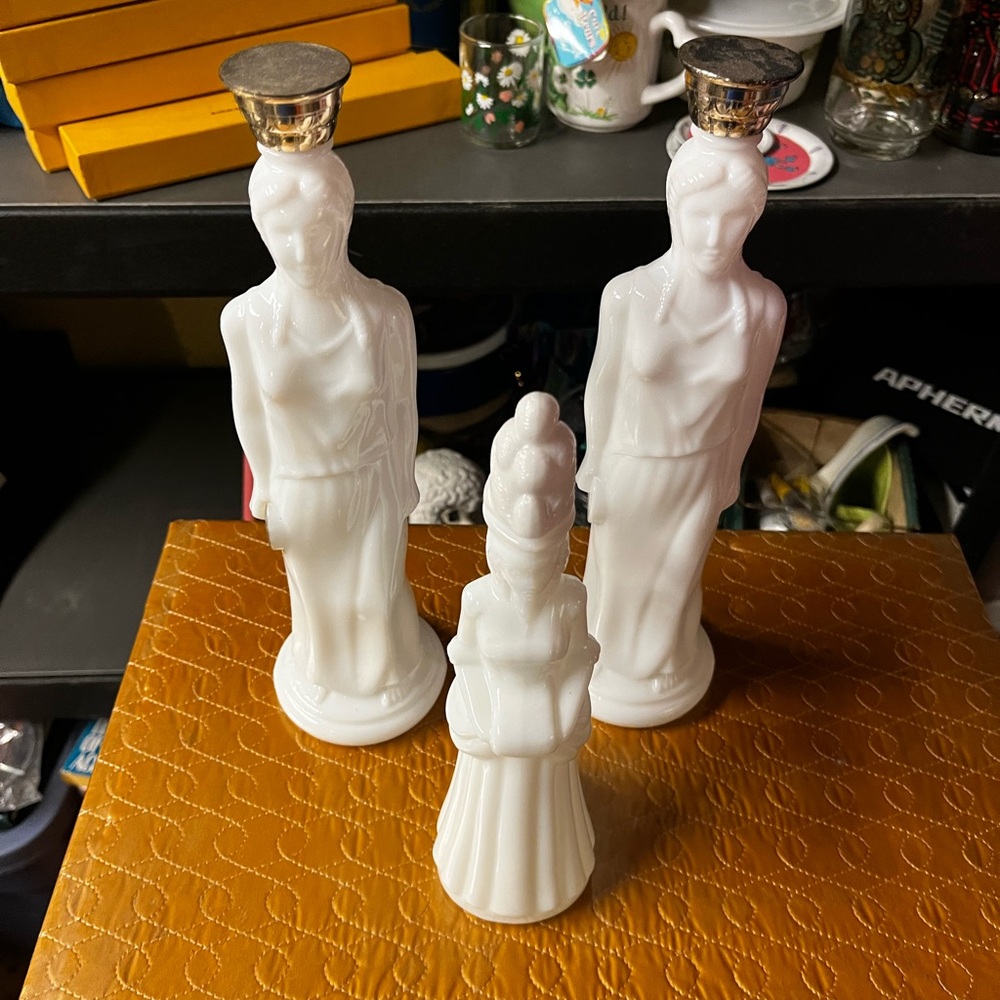 Trio of vintage Avon milk glass bottle ladies.